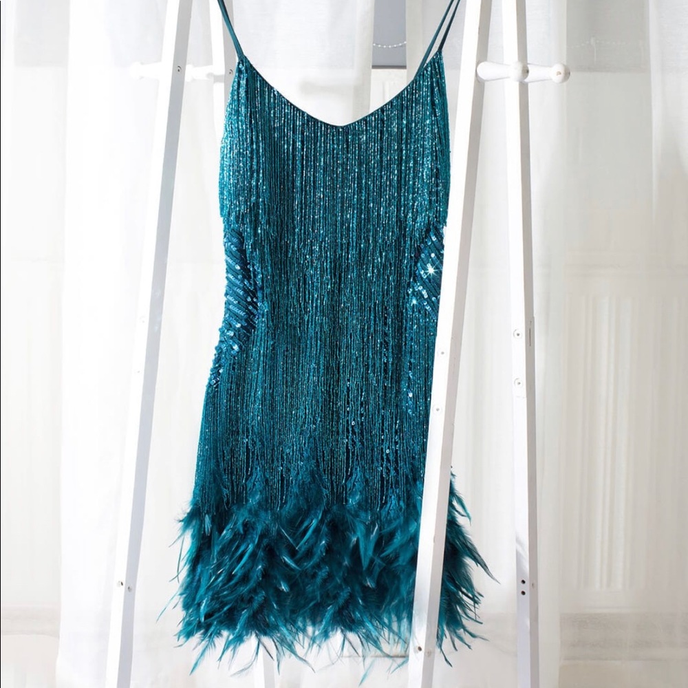 NADINE MERABI Teal Sequin Feather Mini Dress